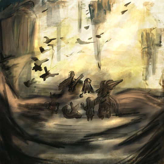 messenger giant carrying the heroes through a grave yard of giant cores abandoned to an eternal suffering